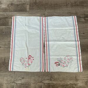 2 Vintage Rooster Hand Embroidered TeaTowels Red Blue Yellow White Cotton USA